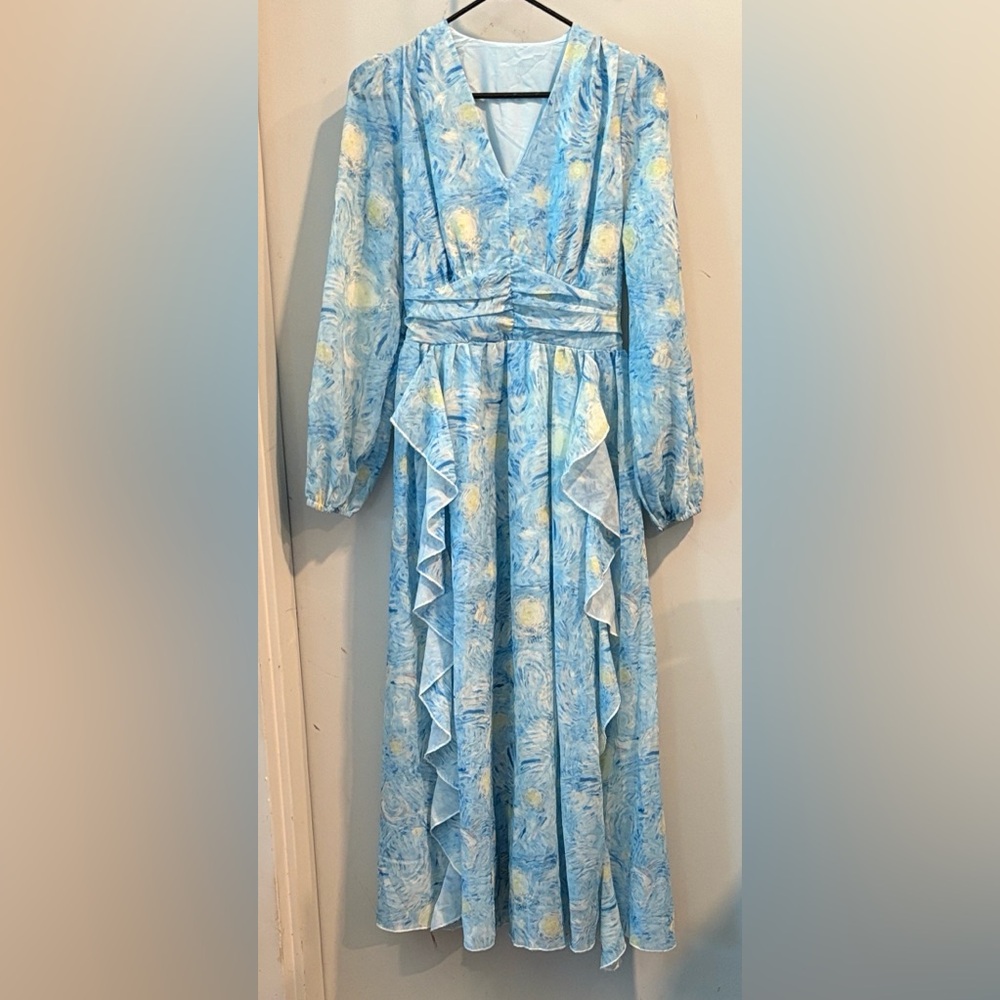 Source Unknown Long Sleeve Floral Dress in Blue/Ruffles Milkmaid 100% Cotton